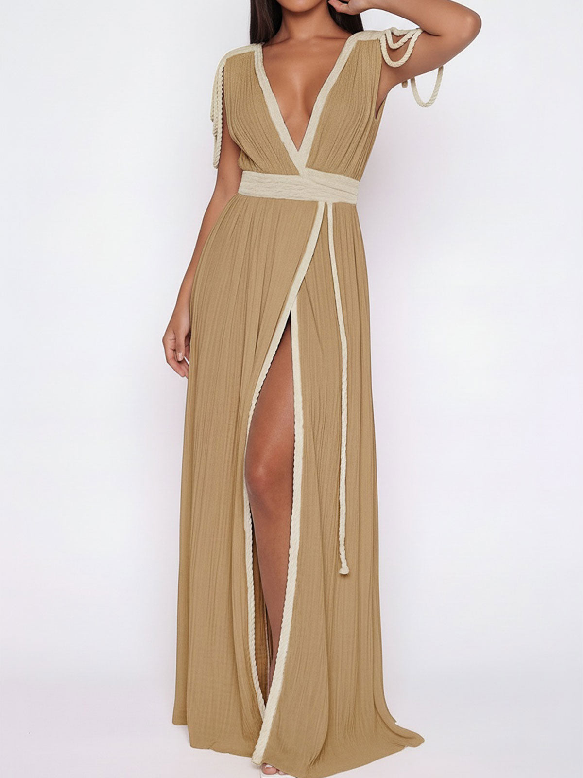Convertible Braided Strappy Epaulette Shoulder Resort Wrap Maxi Dress