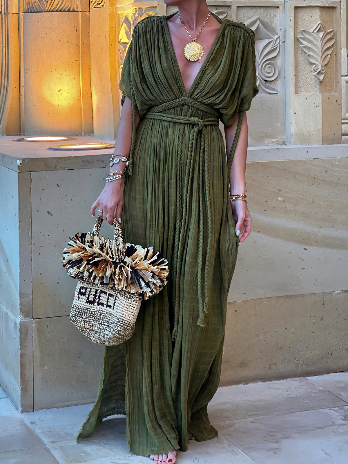 Convertible Braided Strappy Short Sleeve Resort Slit Wrap Maxi Dress