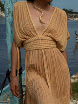Convertible Braided Strappy Short Sleeve Resort Slit Wrap Maxi Dress