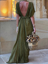 Convertible Braided Strappy Short Sleeve Resort Slit Wrap Maxi Dress