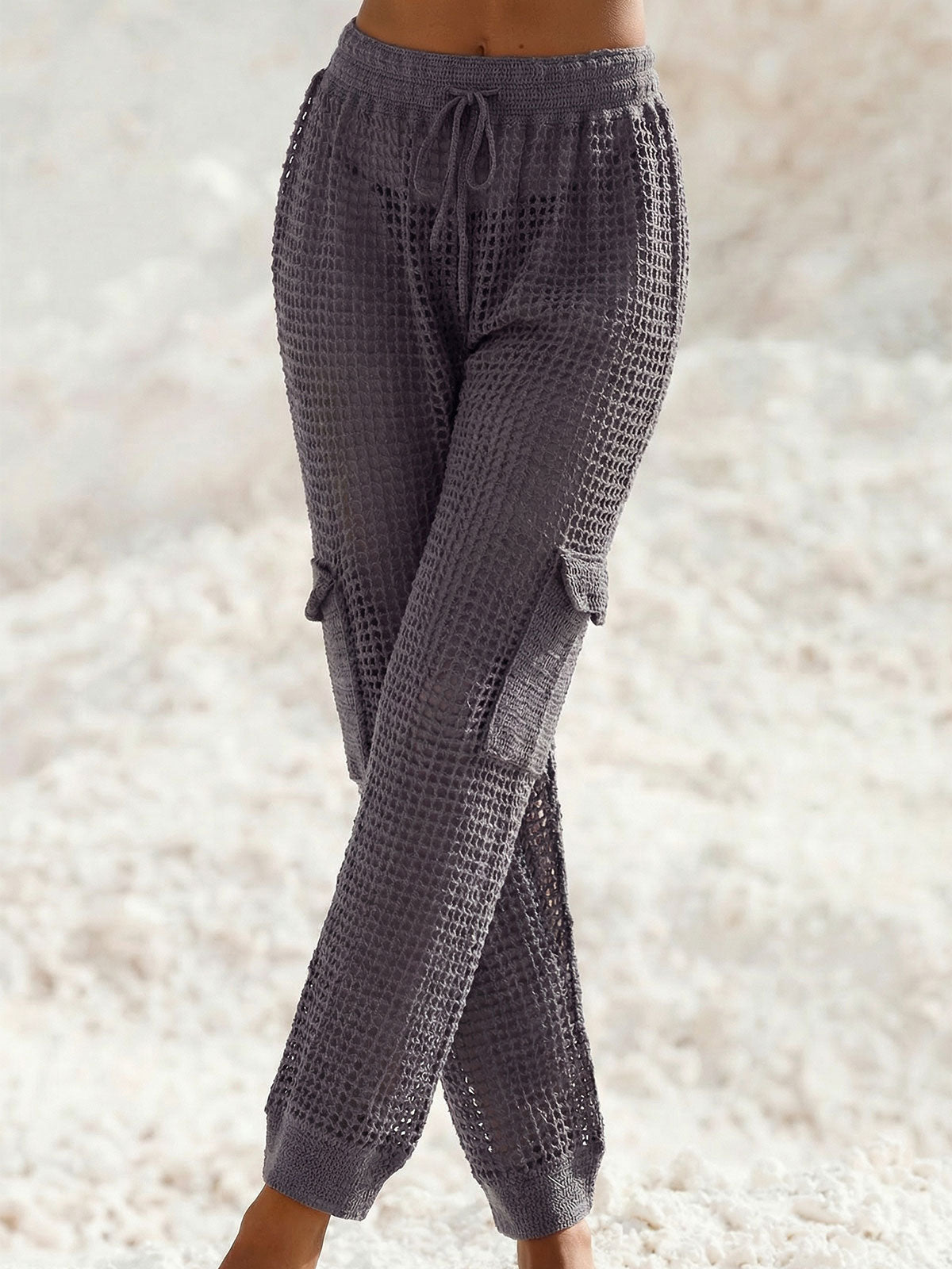 Cool High Waist Cargo Pocket Beach Crochet Knit Cover Up Pants