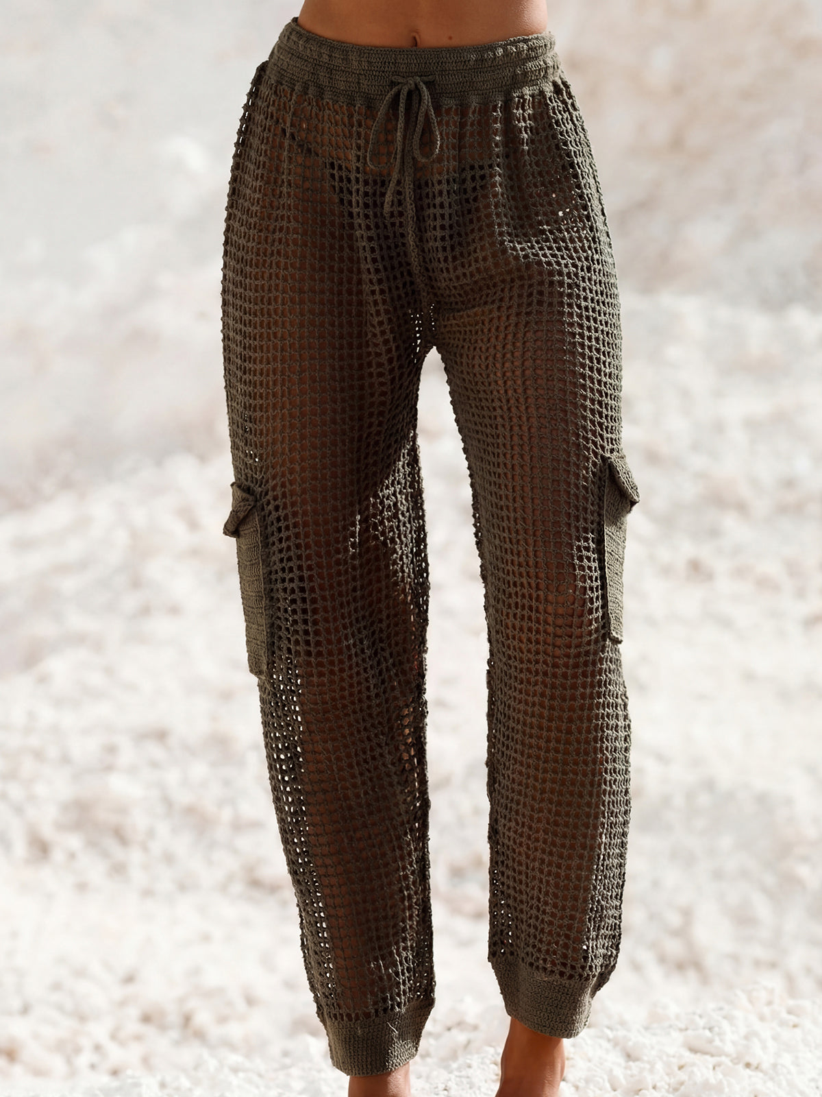Cool High Waist Cargo Pocket Beach Crochet Knit Cover Up Pants