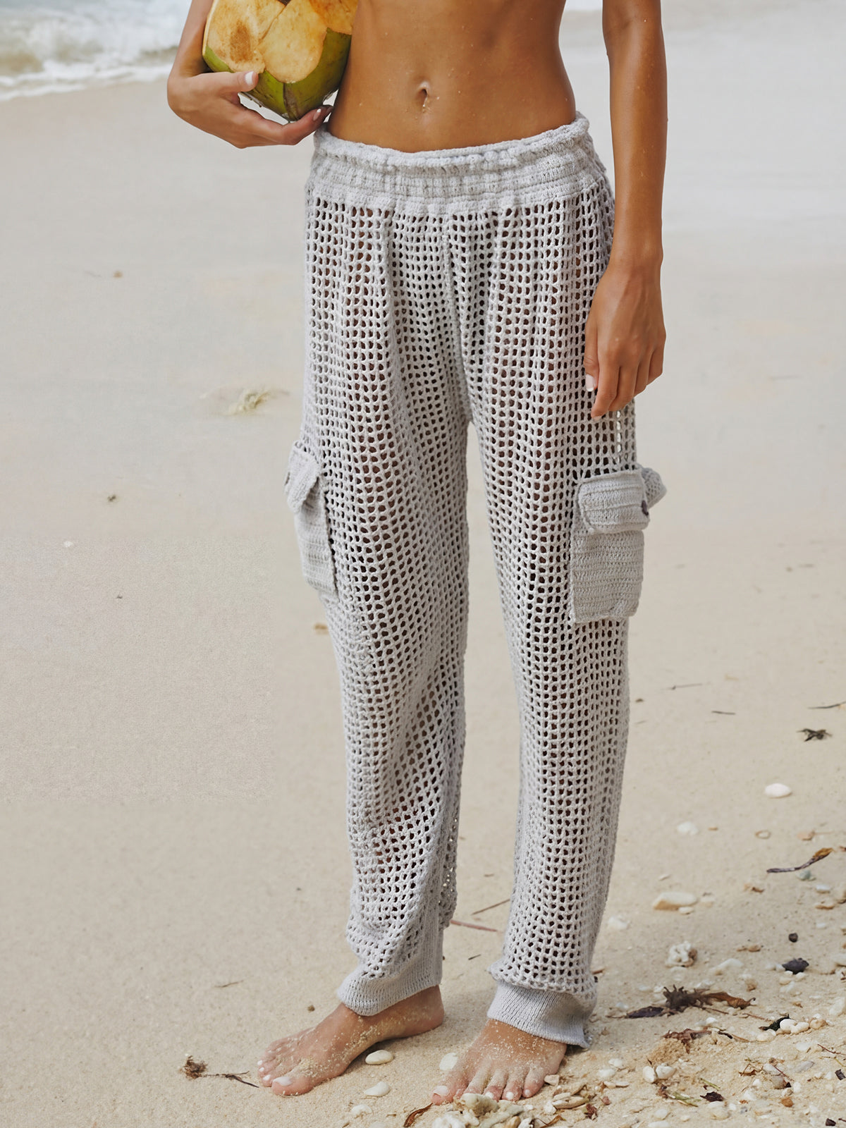 Cool High Waist Cargo Pocket Beach Crochet Knit Cover Up Pants