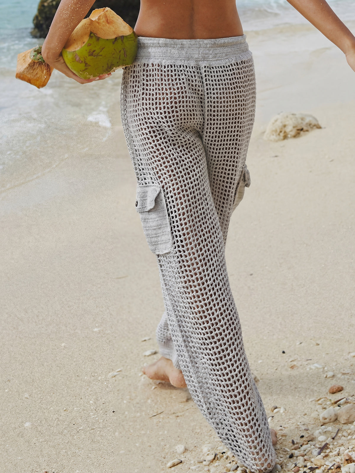 Cool High Waist Cargo Pocket Beach Crochet Knit Cover Up Pants