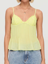 Cute Lace V Neck Bow Trim Plisse Babydoll Resort Spaghetti Crop Top