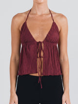 Cute Plunge Halter Neck Tie Front Slit Summer Resort Plisse Crop Top