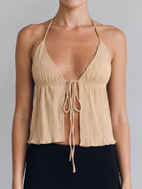 Cute Plunge Halter Neck Tie Front Slit Summer Resort Plisse Crop Top