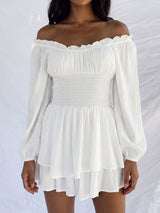 Cute Ruffle Off Shoulder Smocked Bishop Sleeve Resort Tiered Romper
