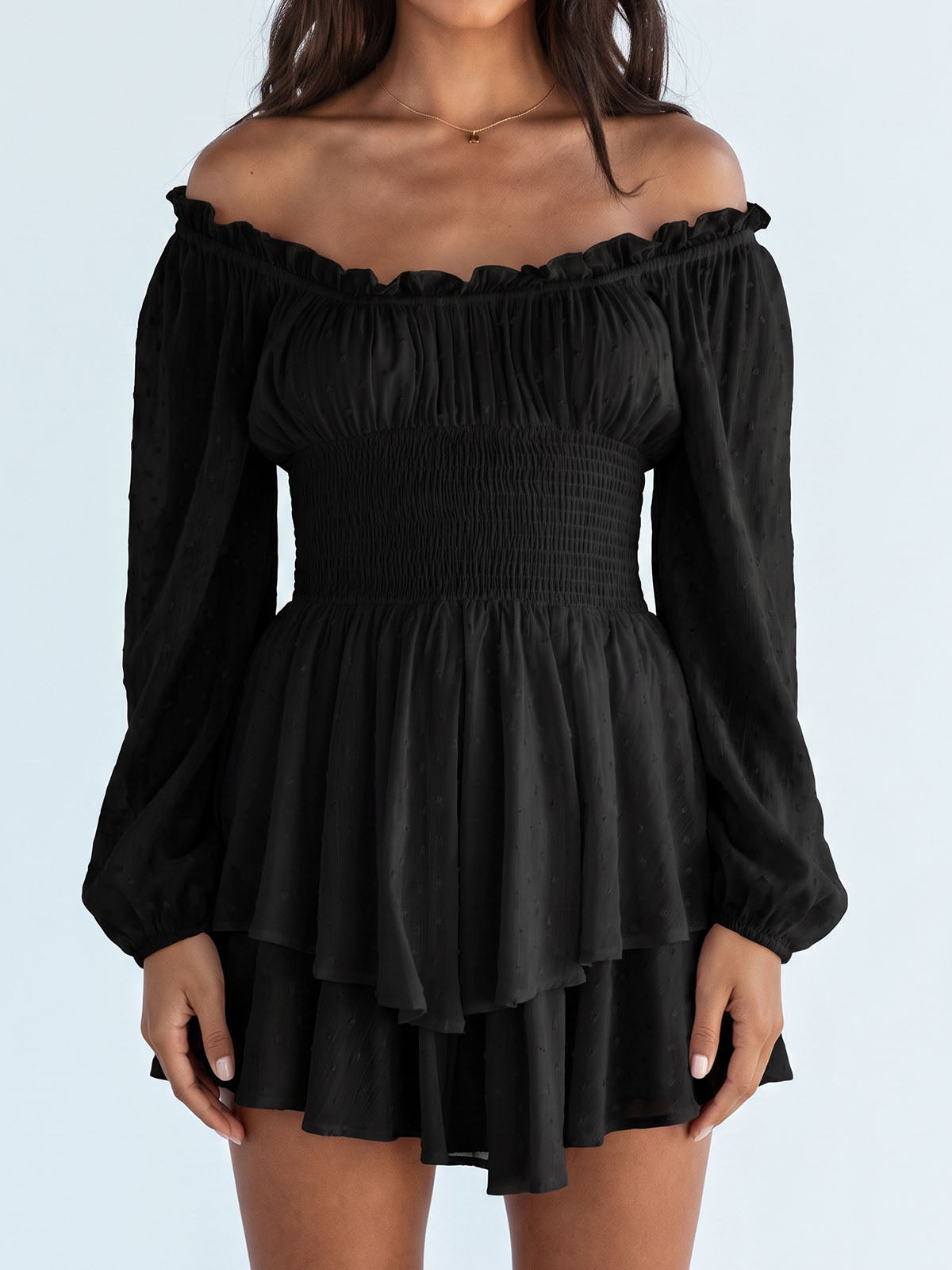 Cute Ruffle Off Shoulder Smocked Bishop Sleeve Resort Tiered Romper