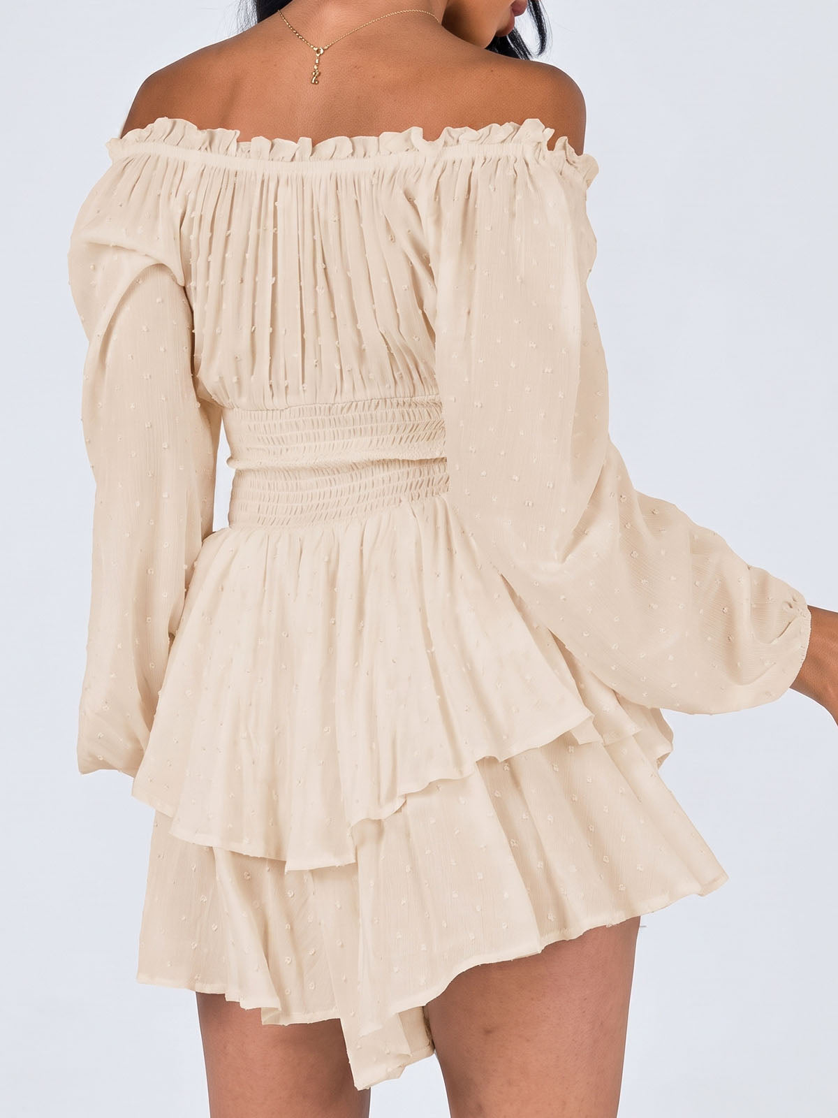 Cute Ruffle Off Shoulder Smocked Bishop Sleeve Resort Tiered Romper