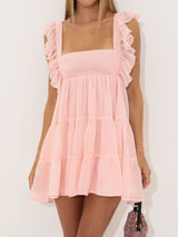 Cute Ruffled Square Neck Tie Back Resort Tiered Babydoll Mini Dress