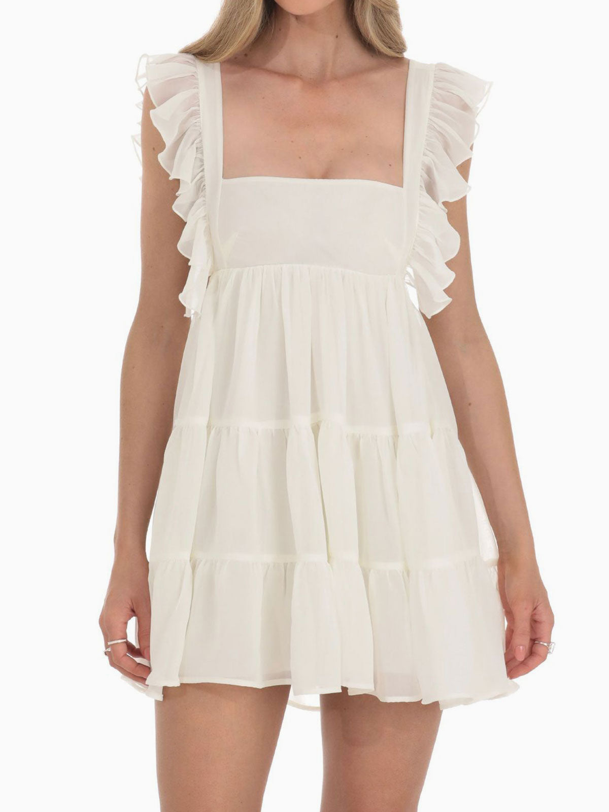 Cute Ruffled Square Neck Tie Back Resort Tiered Babydoll Mini Dress