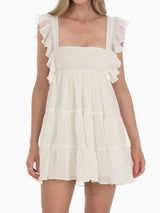 Cute Ruffled Square Neck Tie Back Resort Tiered Babydoll Mini Dress