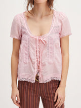 Cute Ruffled Tie Front Button Up Short Sleeve Resort Lace Trim Crop Top