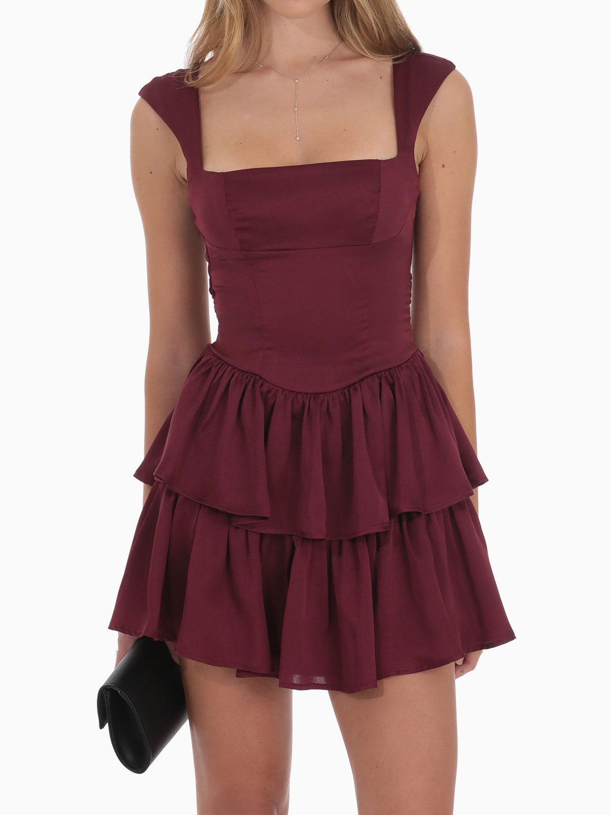 Cute Square Neck Cap Sleeve Resort Layered Ruffle Mini Dress