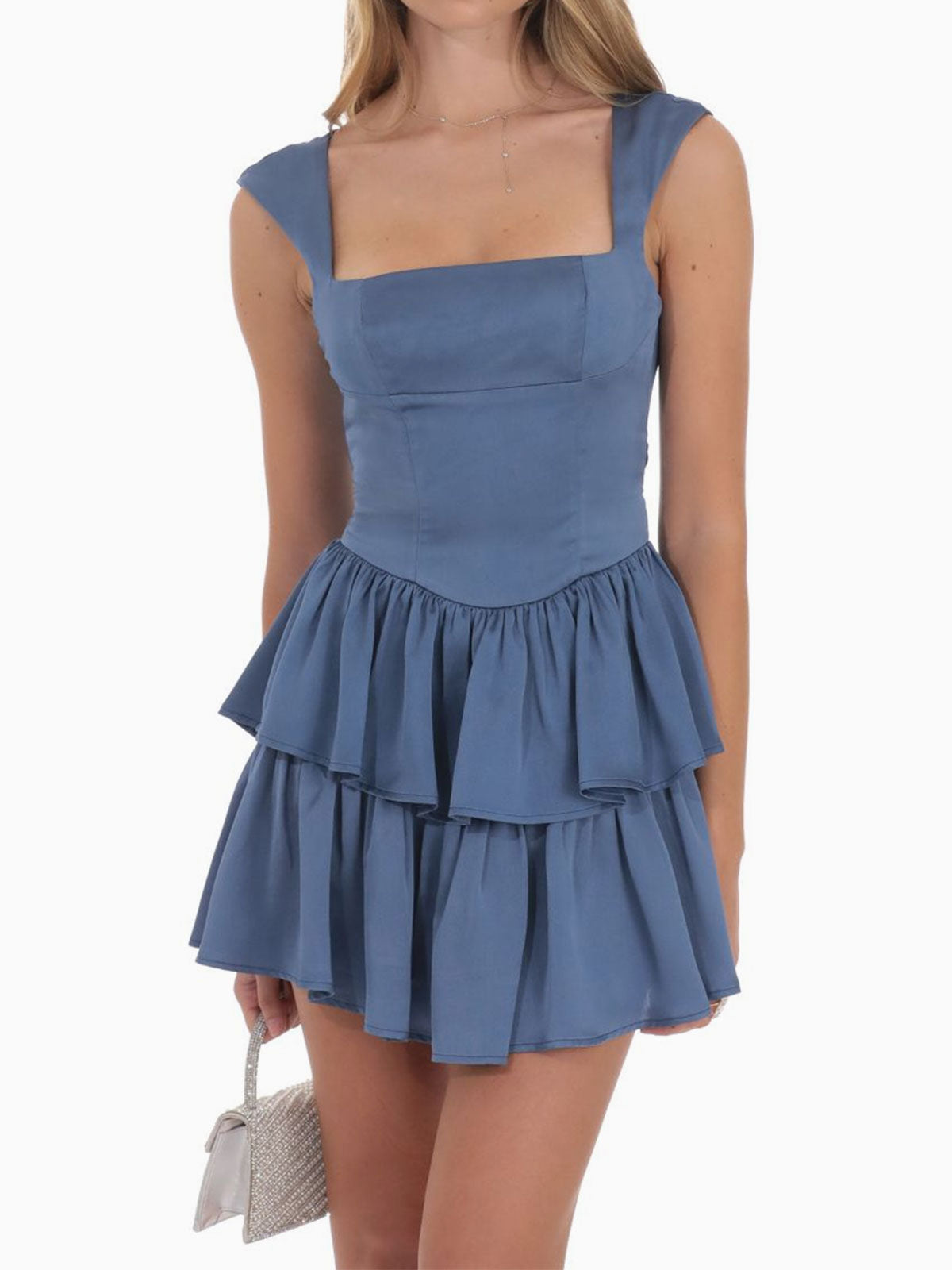 Cute Square Neck Cap Sleeve Resort Layered Ruffle Mini Dress