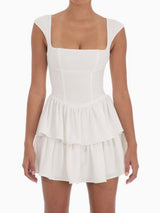Cute Square Neck Cap Sleeve Resort Layered Ruffle Mini Dress