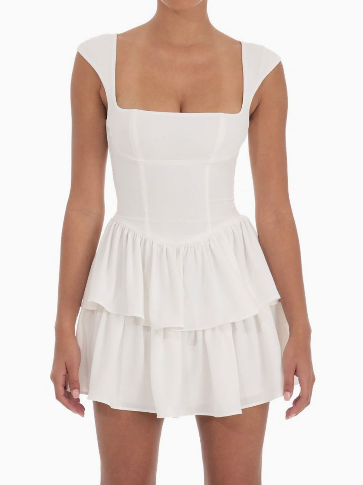 Cute Square Neck Cap Sleeve Resort Layered Ruffle Mini Dress