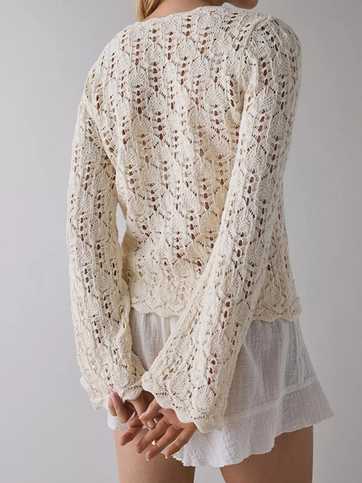Cute Tie Front Flared Sleeve Resort Floral Crochet Knit Cardigan