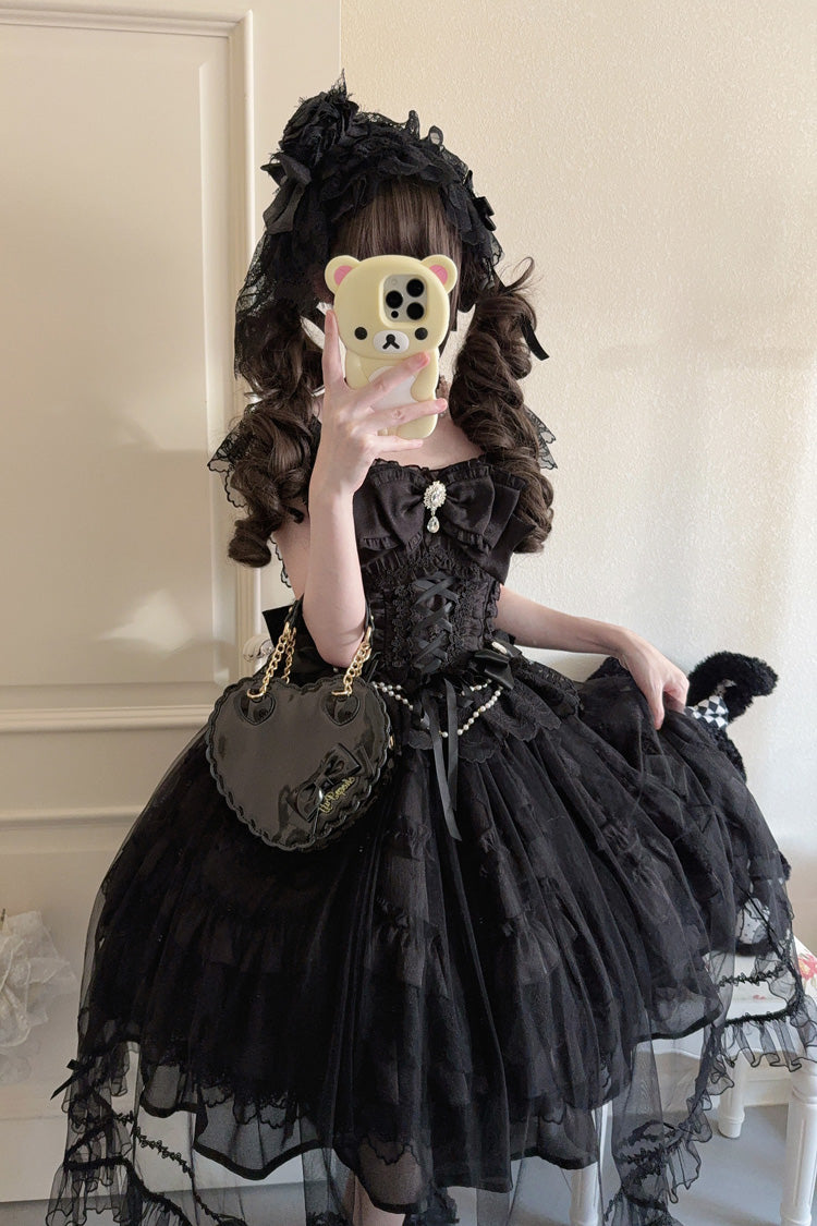 Black [Eternal Vow] Sleeveless Multi-Layered Ruffle Hanayome Bowknot Lace Lace-Up Gothic Lolita Jsk Dress