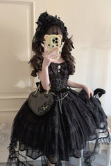 Black [Eternal Vow] Sleeveless Multi-Layered Ruffle Hanayome Bowknot Lace Lace-Up Gothic Lolita Jsk Dress