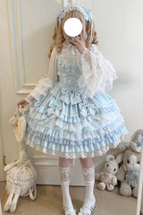 Blue Multi-Layered Ruffle Bowknot Stitching Lace Sweet Lolita Jsk Dress
