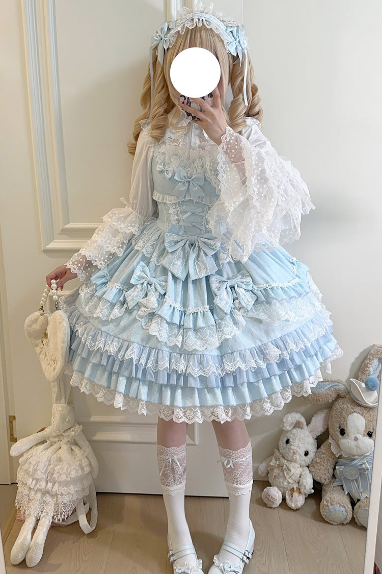 Blue Multi-Layered Ruffle Bowknot Stitching Lace Sweet Lolita Jsk Dress
