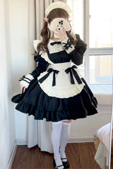 Black/White Maid Long Sleeves Ruffle Bowknot Sweet Plus Size Lolita Dress Full Set