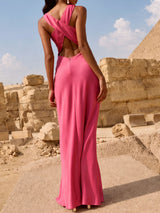 Elegant Draped Crew Neck Criss Cross Back Resort Sleeveless Maxi Dress