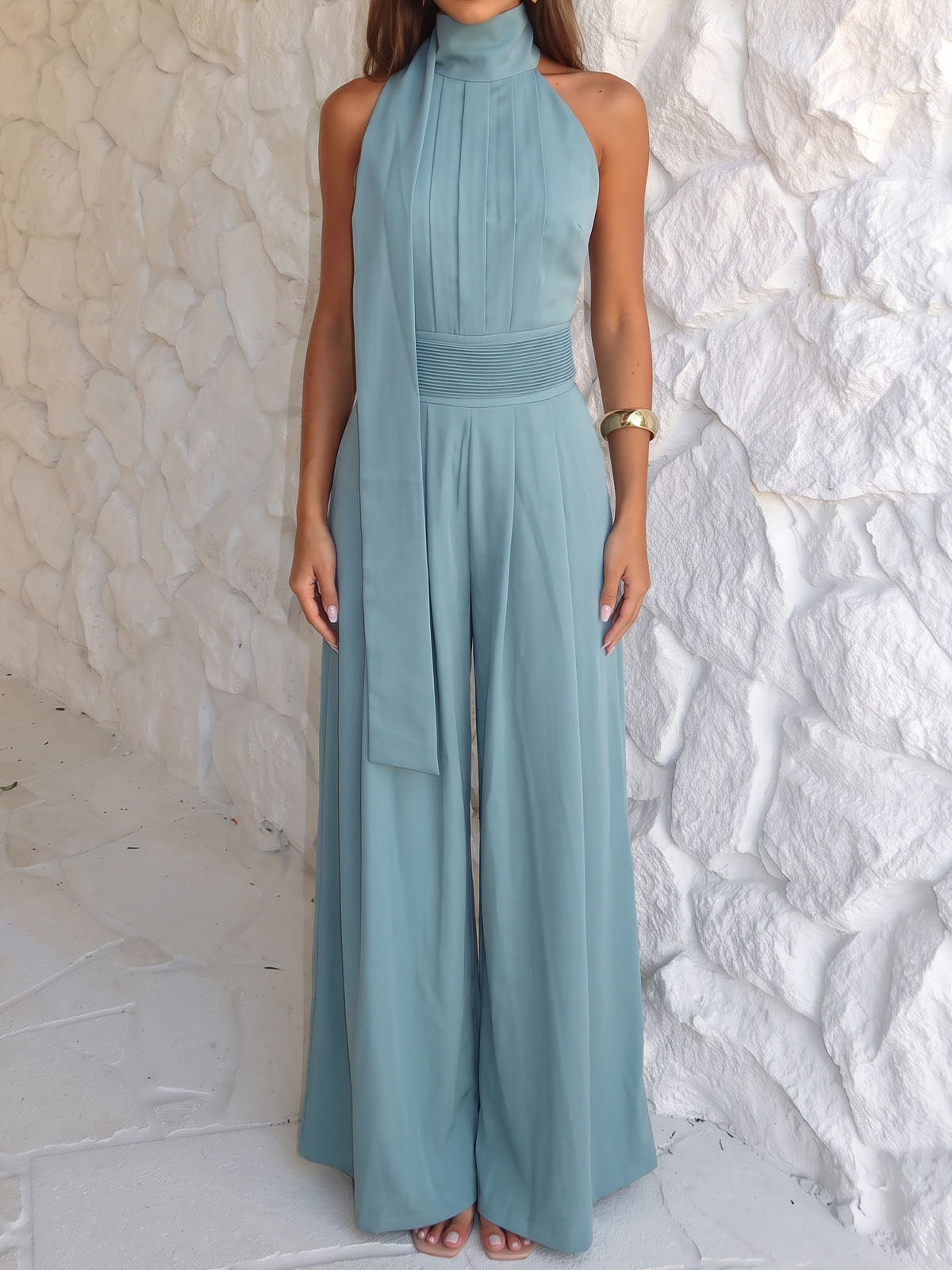 Elegant Scarf Halter Sleeveless Wide Leg Resort Pleated Jumpsuit