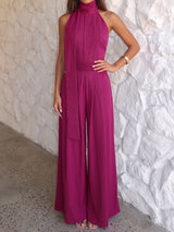 Elegant Scarf Halter Sleeveless Wide Leg Resort Pleated Jumpsuit