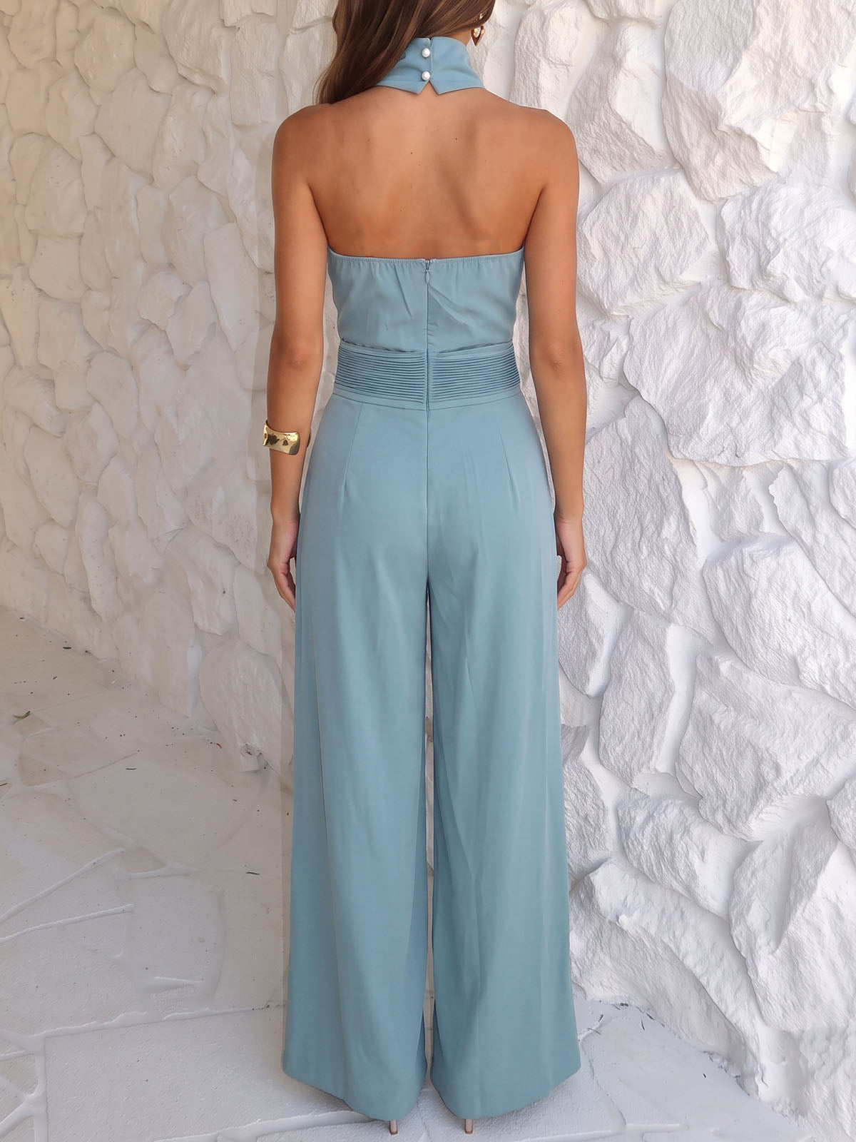 Elegant Scarf Halter Sleeveless Wide Leg Resort Pleated Jumpsuit