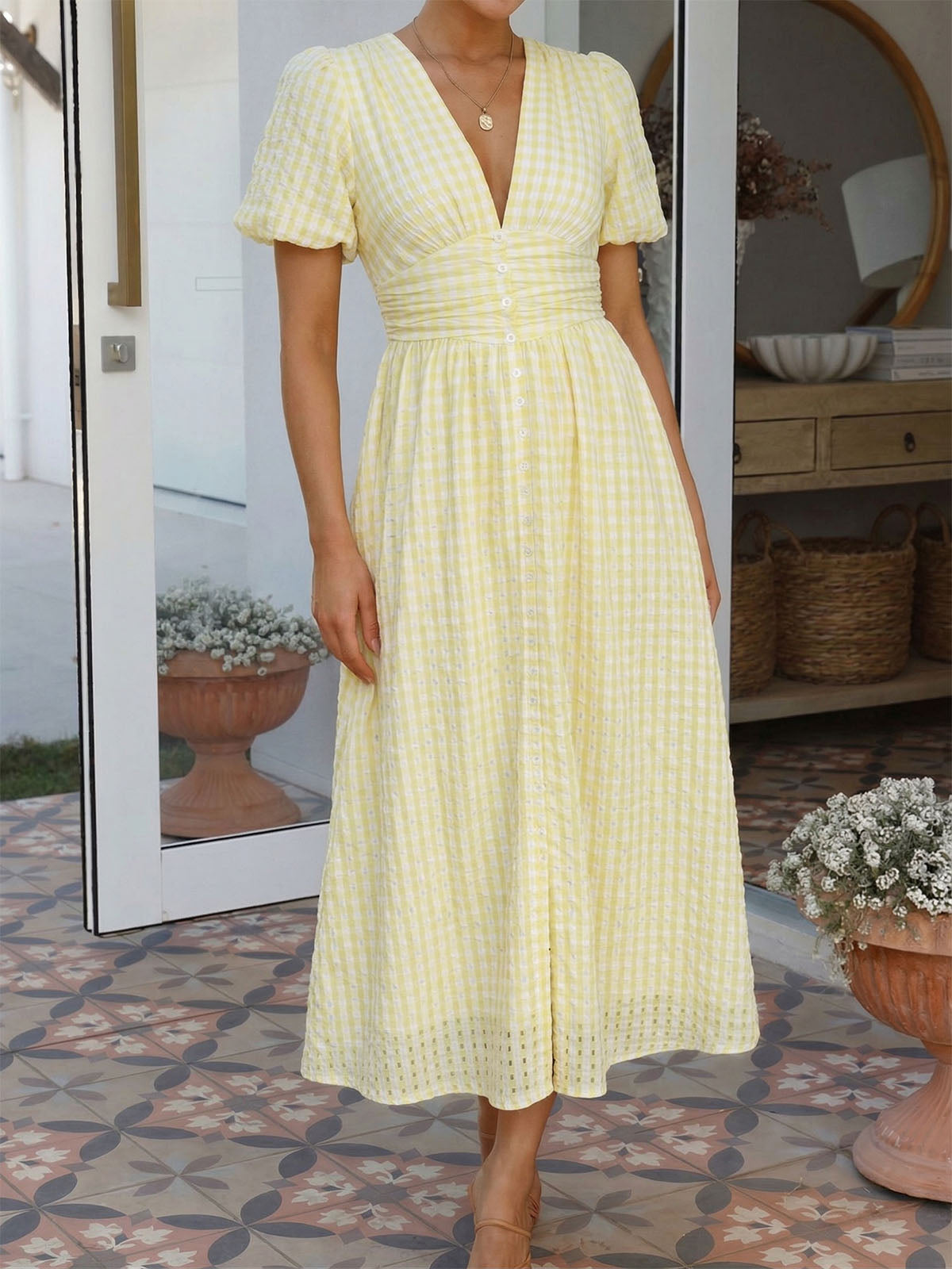 Elegant V Neck Ruched Waist Resort Seersucker Puff Sleeve Midi Dress