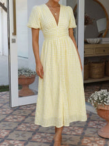 Elegant V Neck Ruched Waist Resort Seersucker Puff Sleeve Midi Dress