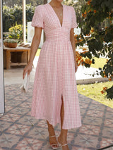 Elegant V Neck Ruched Waist Resort Seersucker Puff Sleeve Midi Dress