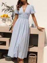 Elegant V Neck Ruched Waist Resort Seersucker Puff Sleeve Midi Dress