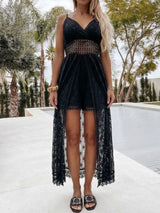 Elegant V Neck Sleeveless High Low Smocked Panel Resort Lace Romper