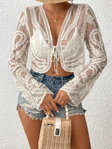 Exquisite Tie Front Sleeved Embroidered Lace Beach Crop Cover Up
