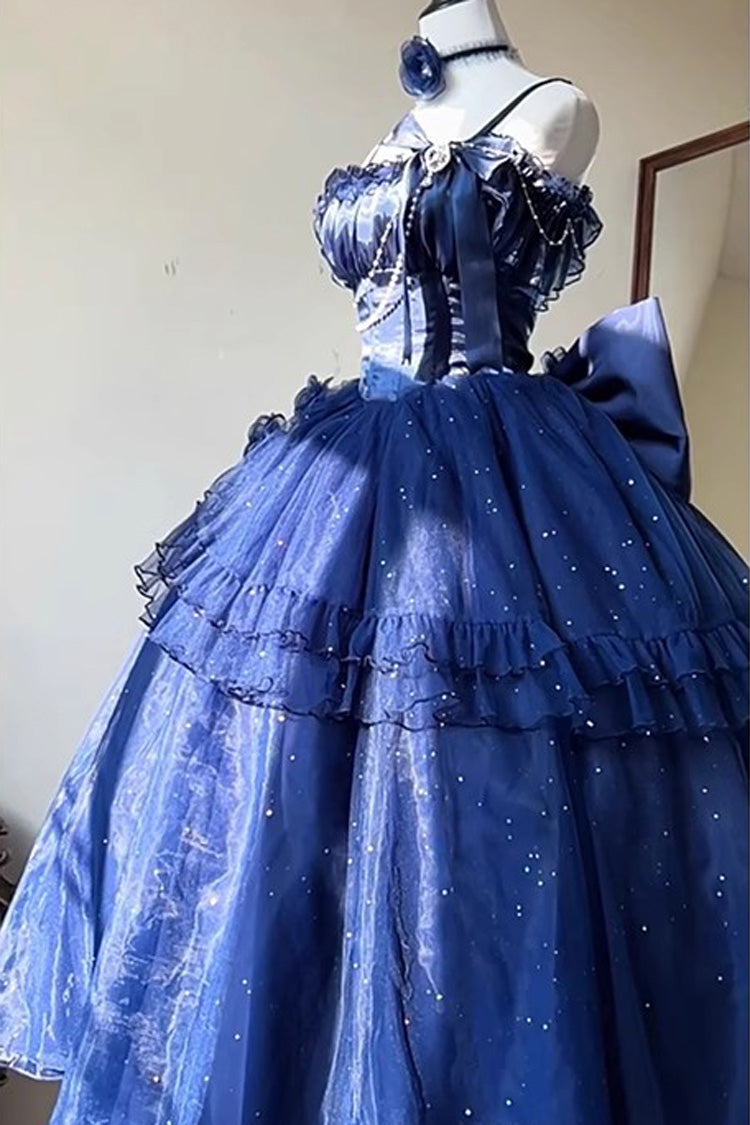 Blue [Bright Stars] Off Shoulder Ruffle Bowknot Asymmetric Sweet Elegant Princess Lolita Dress