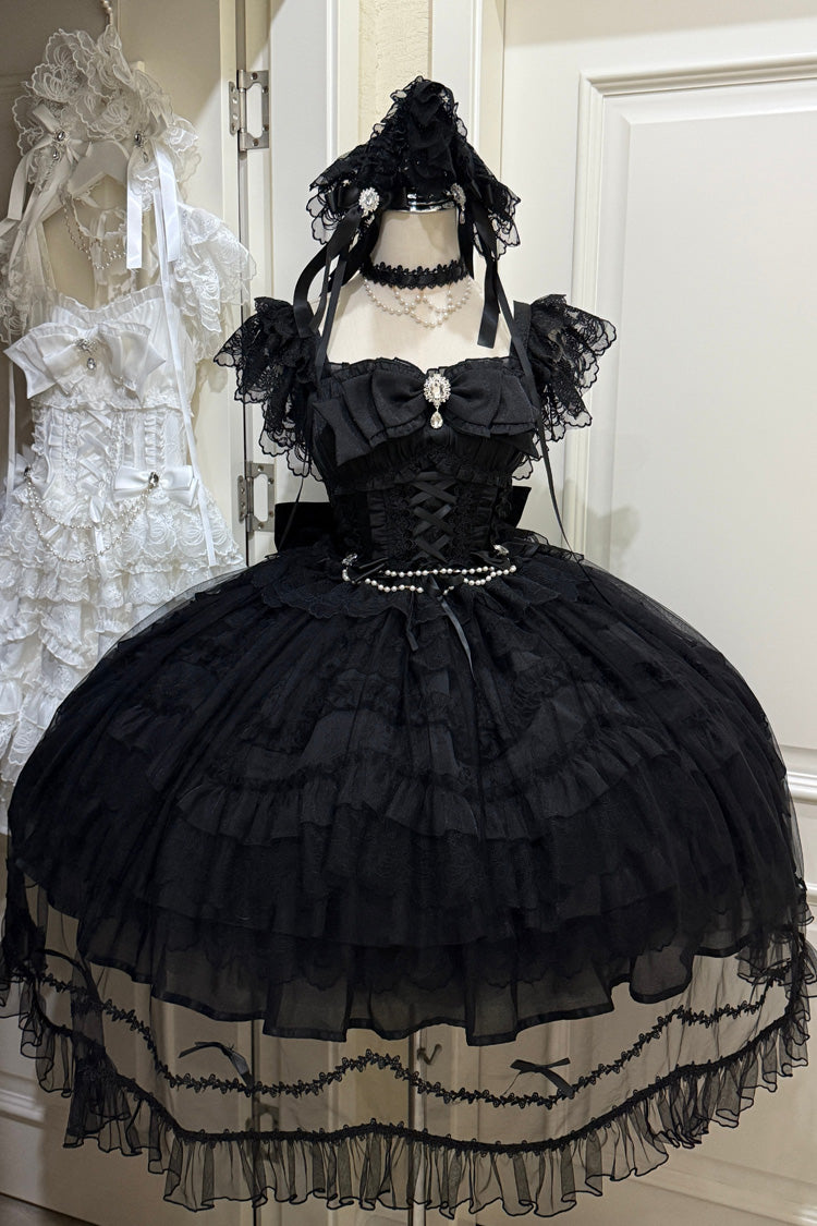 Black [Eternal Vow] Sleeveless Multi-Layered Ruffle Hanayome Bowknot Lace Lace-Up Gothic Lolita Jsk Dress