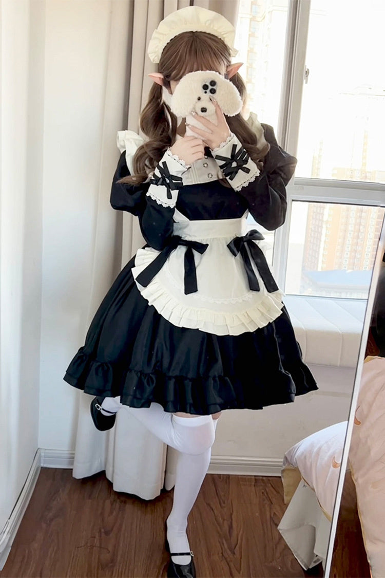 Black/White Maid Long Sleeves Ruffle Bowknot Sweet Plus Size Lolita Dress Full Set