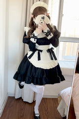 Black/White Maid Long Sleeves Ruffle Bowknot Sweet Plus Size Lolita Dress Full Set