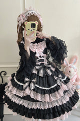 Black/Pink Multi-Layered Ruffle Bowknot Stitching Lace Sweet Lolita Jsk Dress