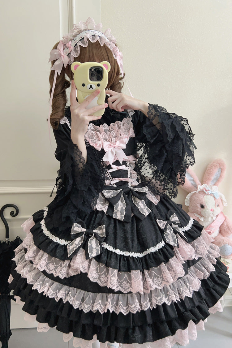 Black/Pink Multi-Layered Ruffle Bowknot Stitching Lace Sweet Lolita Jsk Dress