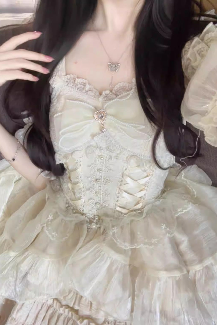 White Sleeveless Multi-layer Ruffle Bowknot Sweet Lolita Jsk Dress