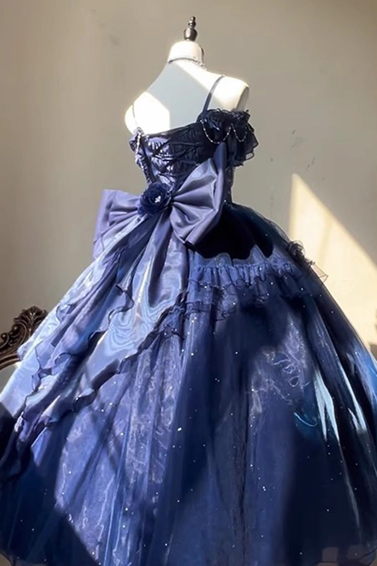 Blue [Bright Stars] Off Shoulder Ruffle Bowknot Asymmetric Sweet Elegant Princess Lolita Dress