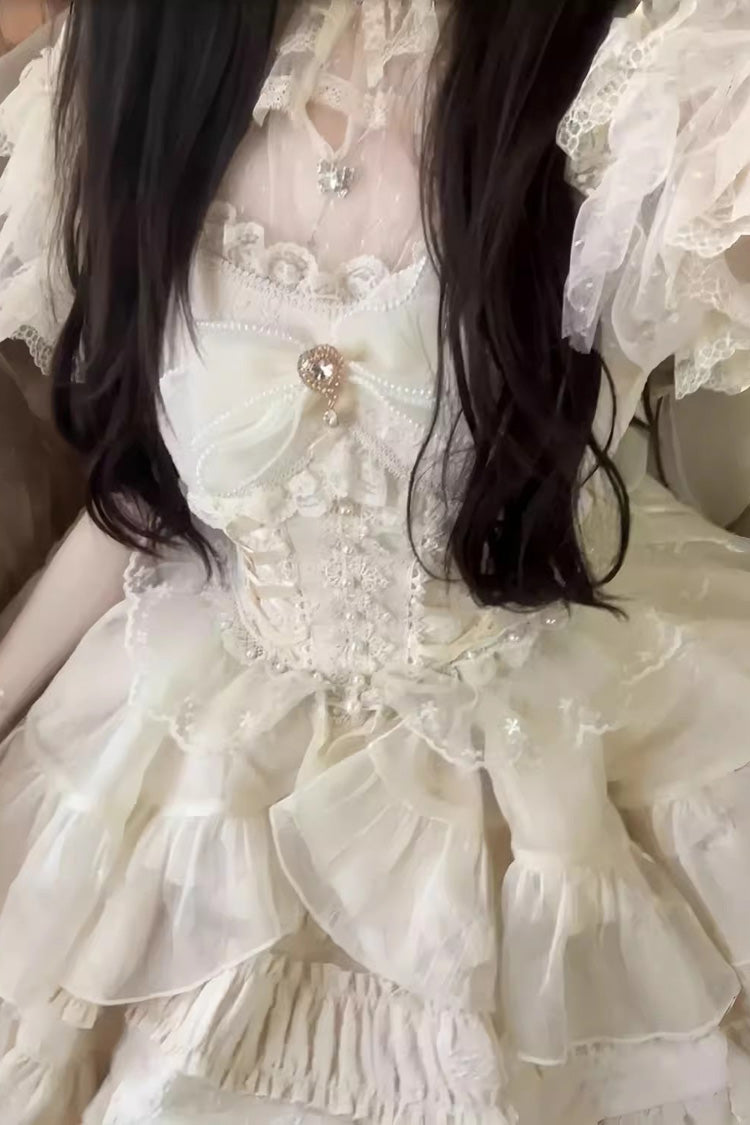 White Sleeveless Multi-layer Ruffle Bowknot Sweet Lolita Jsk Dress