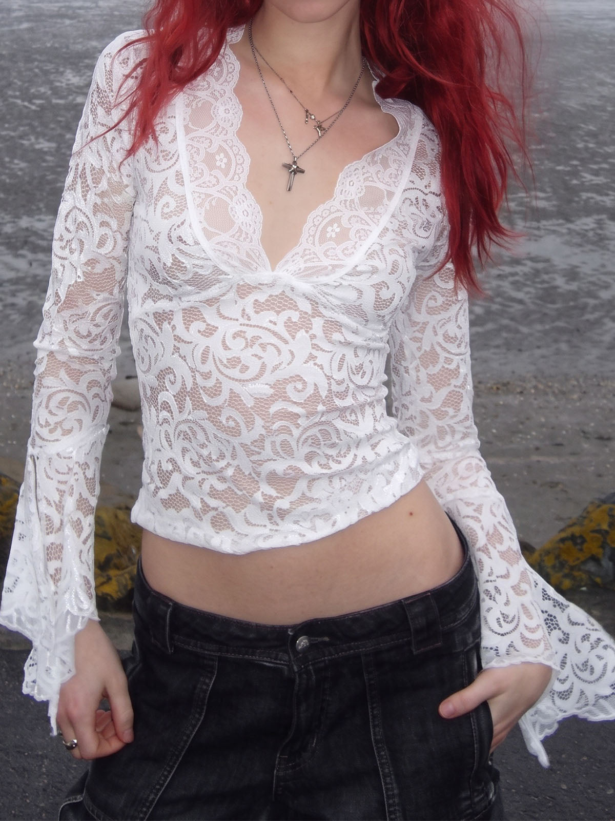 Feminine Scalloped V Neck Split Long Sleeve Resort Lace Crop Top