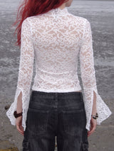 Feminine Scalloped V Neck Split Long Sleeve Resort Lace Crop Top