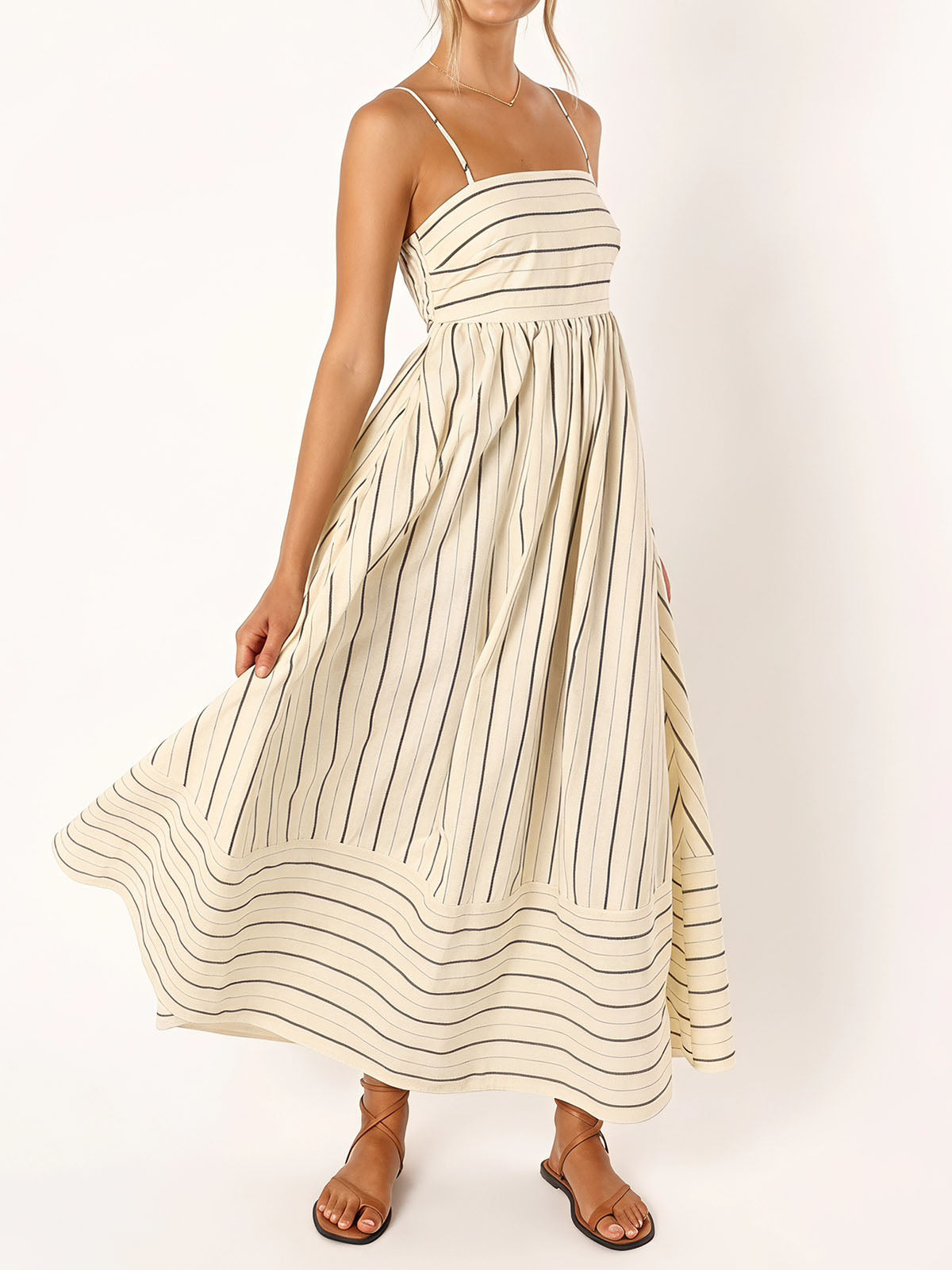 Flattering Square Neck Empire Waist Resort Striped Slip Maxi Dress